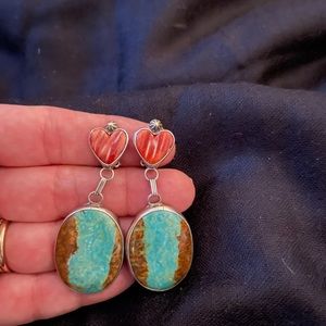 Navajo silversmith Roie Jaque sterling silver and coral drop earrings.